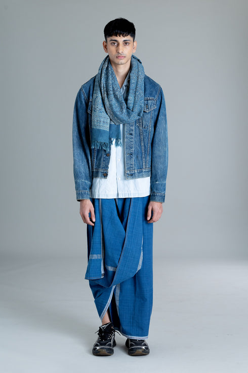 ELAMAKKARA Hand Woven Natural Indigo Mundu