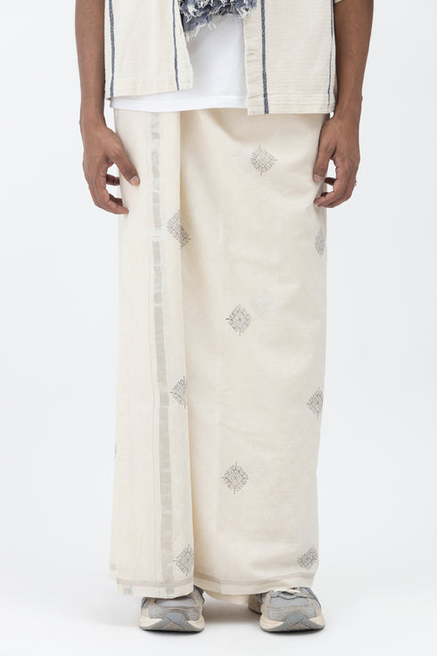 NEENDAKARA Hand Woven & Hand Block Printed Kasavu Mundu