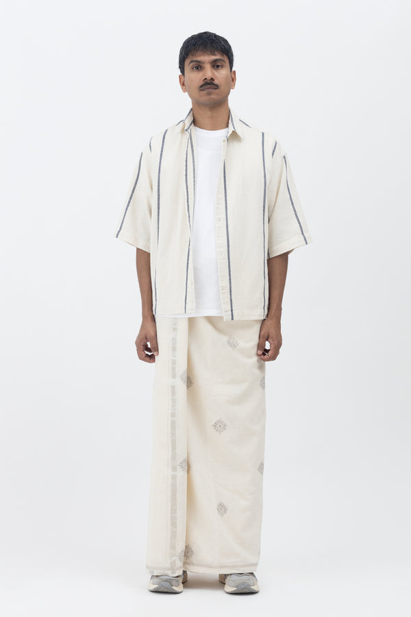 NEENDAKARA Hand Woven & Hand Block Printed Kasavu Mundu