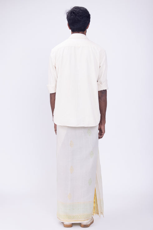 CHELAKKARA Hand Woven & Hand Block Printed Kasavu Mundu