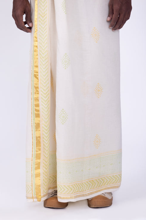 CHELAKKARA Hand Woven & Hand Block Printed Kasavu Mundu