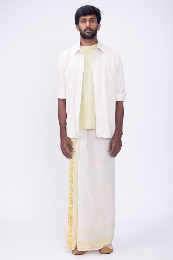 CHELAKKARA Hand Woven & Hand Block Printed Kasavu Mundu