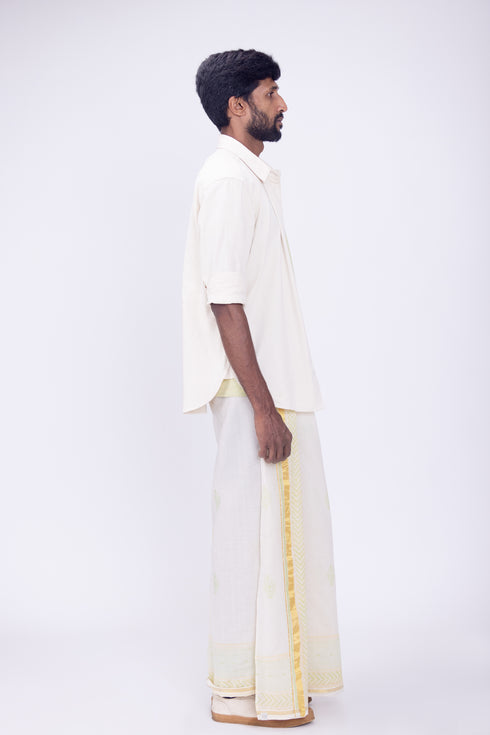 CHELAKKARA Hand Woven & Hand Block Printed Kasavu Mundu