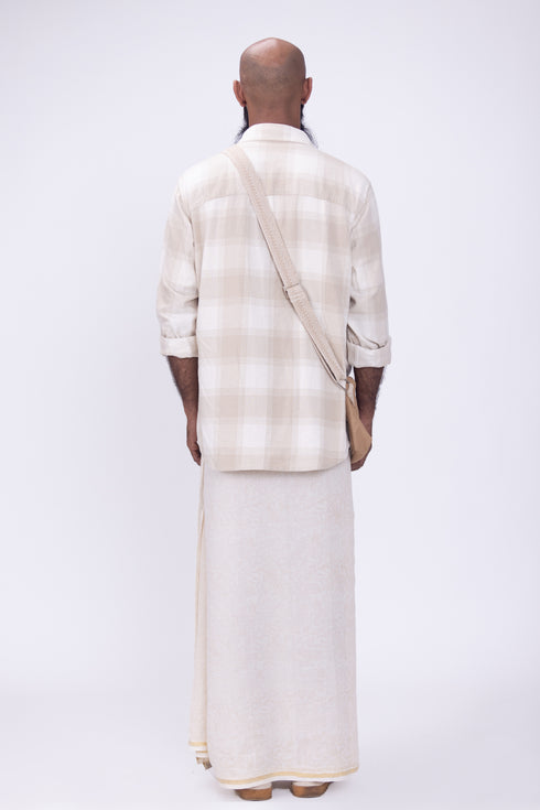 KARAMANA Hand Woven & Hand Block Printed Kasavu Mundu