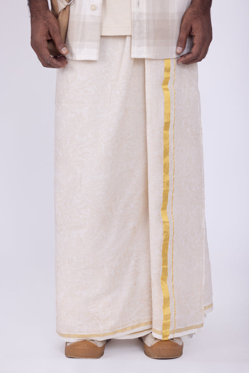 KARAMANA Hand Woven & Hand Block Printed Kasavu Mundu