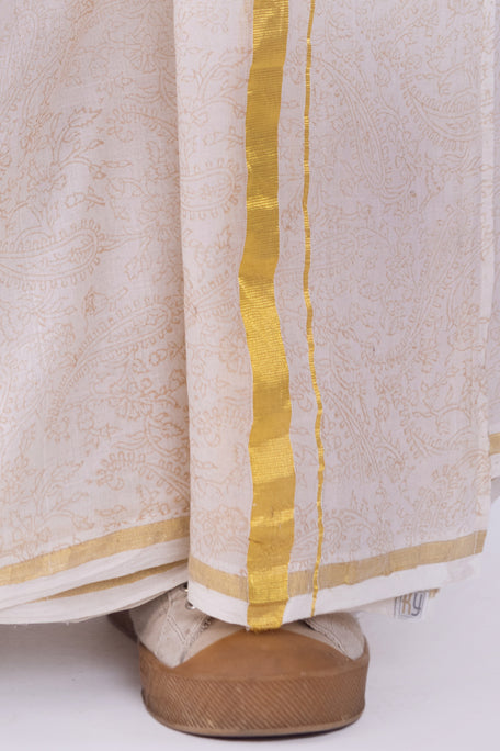 KARAMANA Hand Woven & Hand Block Printed Kasavu Mundu