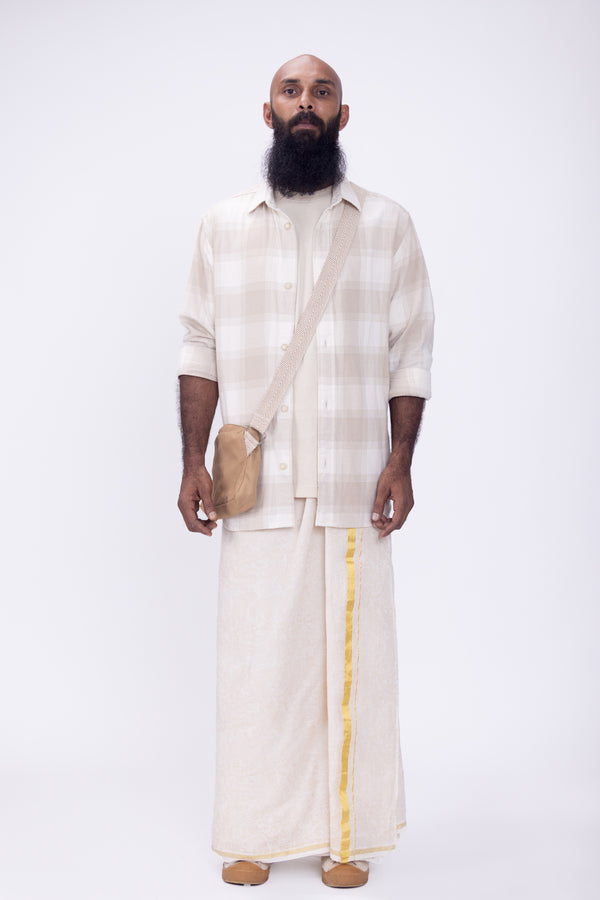 KARAMANA Hand Woven & Hand Block Printed Kasavu Mundu