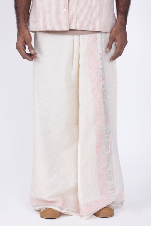 EDAKKARA Hand Woven & Hand Block Printed Kasavu Mundu